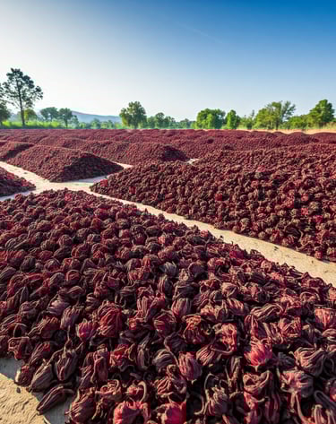 Large pile of dried petals of the Hibiscus sabdariffa plant in  the farmld
