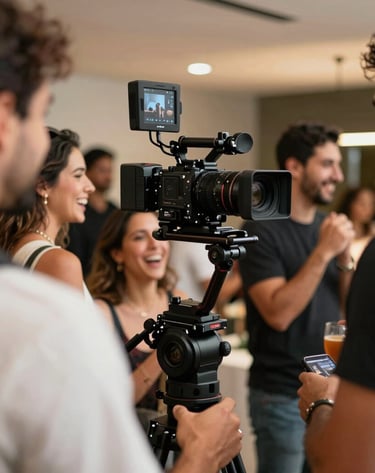 Behind-the-scenes shot of a high-end social event production in São Paulo. Professional video camera on a stabilized gimbal capturing guests laughing, warm emotional lighting, modern filmmaking style.