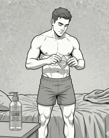 cartoon male in his underwear opening condom