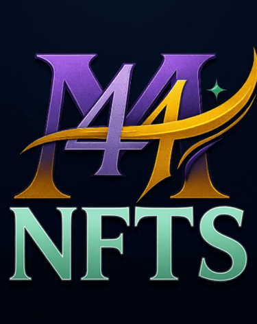 M44Artworks NFTs brand logo featuring purple and gold typography on a dark background.