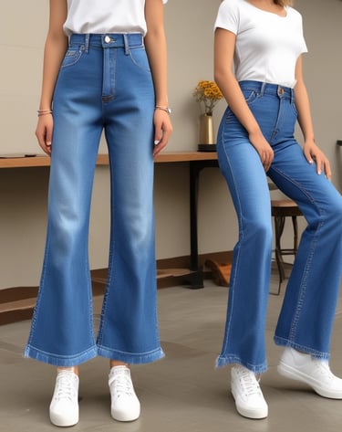 Stacks of jeans organized by fit type are displayed on shelves. Labels indicate styles such as 'Skinny Fit' and 'Slim Fit.' An illuminated 'DENIM' sign is prominently positioned above the display. A poster featuring models wearing various styles of denim is featured on the right side of the display.