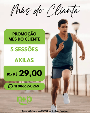 Promoção depilação masculina ou feminina: 5 sessões axilas por 10x R$29,00