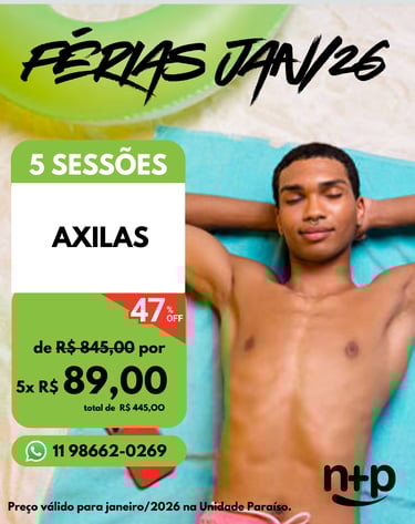 Promo Férias Jan/2026: 5 sessões de depilação de axilas masculinas com 47% de desconto.