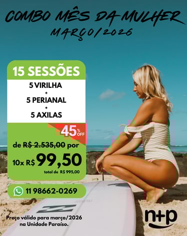 Depilação a Laser Não+Pelo Paraíso: 10x de R$ 99,50 - axila, perianal e virilha