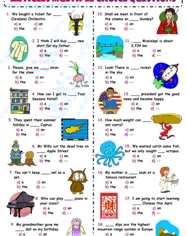 articles esl multiple choice exercise worksheet for kids