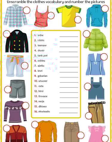 clothes vocabulary esl unscramble the words worksheets for kids