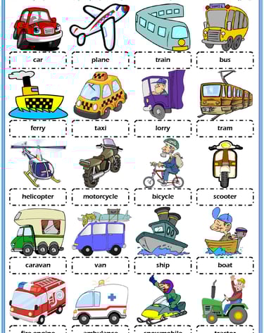 means of transport vocabulary esl picture dictionary worksheet for kids