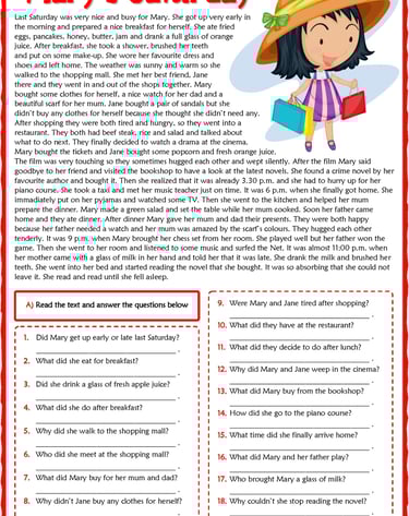 past simple marys saturday esl reading comprehension questions worksheet