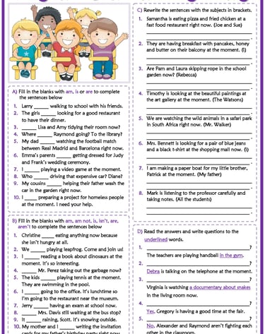 present continuous tense esl printable grammar test worksheet