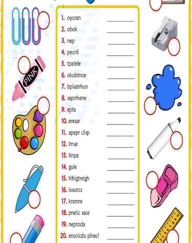 school supplies vocabulary esl unscramble the words worksheets for kids