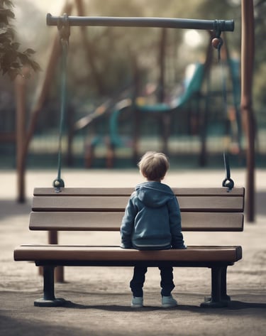 a child sitting on a bench in a park