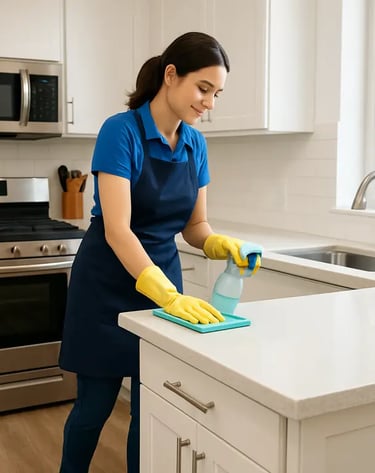 a woman in a blue apron and yellow gloves cleaning a counter top