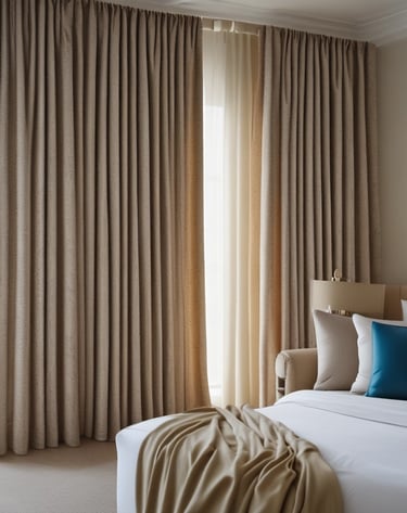 Patterned curtains illuminated by a warm light, casting shadows that create a sense of depth and texture.