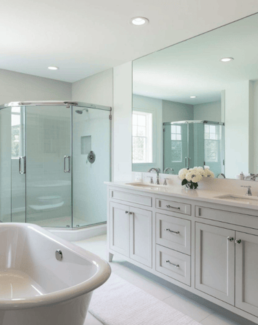 a bathroom with a tub tub and a large mirror