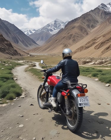 A motorcyclist wearing protective gear, including a helmet and gloves, rides a large touring motorcycle with panniers along a road with a concrete barrier. The motorcyclist is making a gesture with one hand while riding through a slightly blurred background of greenery.