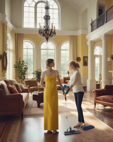 two woman standing in a huge house with big windows in an entry way cleaning the floor