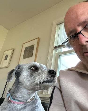 Portriat of the dog watcher and his doggie client