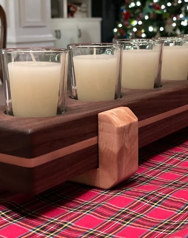 Handcrafted votive candle display made from black walnut and curly maple