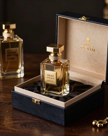 Three perfume bottles are artfully arranged against a soft white textured background. A Replica bottle is on the top, appearing to be in use, next to a stylishly angled Prada bottle, and a classic Chanel No. 5 bottle stands in the background.