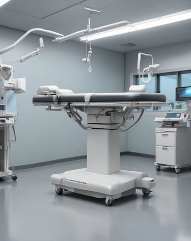 A table is cluttered with various medical supplies and equipment, including a red biohazard container, a spray bottle, packaged materials, and a tray with upright test tubes. The background features cabinets and chairs.