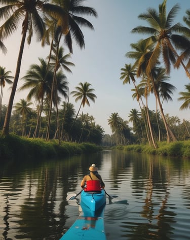 A group of people is kayaking through a calm, narrow waterway surrounded by tall grass and trees. The sky is overcast, and the water reflects the cloudy sky above. The kayakers are wearing various colors, enhancing the natural setting.