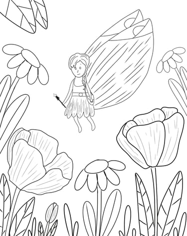 Fairy coloring page for kids featuring a flying Tooth Fairy with a magic wand in a flower garden.
