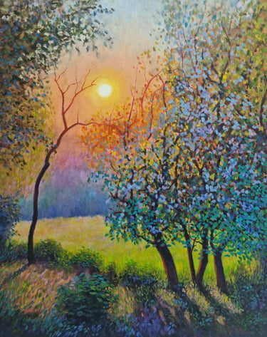 Impressionist oil painting of a sunlit forest landscape with vibrant trees and a glowing sunset.