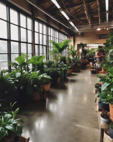 A well-maintained garden with a geometric arrangement of green grass, pathways, and flower arrangements. The central area features large white planters with greenery and a pergola adorned with hanging flowers. Tall, lush trees surround the garden, and a stone walkway intersects the scene on the right.