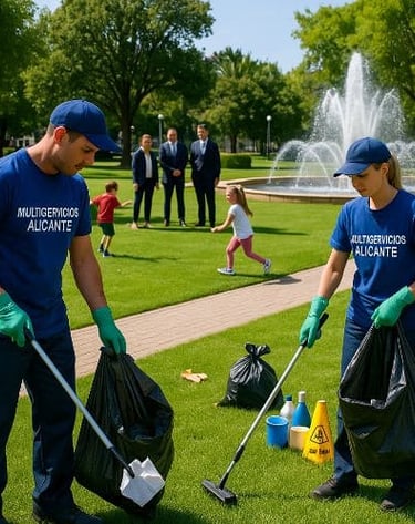 Dos trabajadores de multiservicios limpiando un parque con niños jugando y tres hombres observando