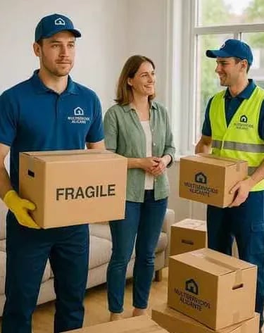 Señora de la casa hablando con los trabajadores mientras se llevan los paquetes del centro del salón