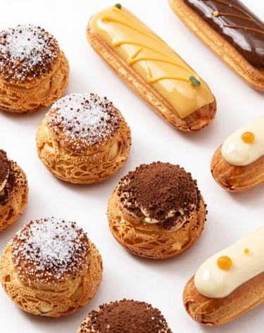 Elegant display of flaky savory pastries with fresh herbs on a marble surface.