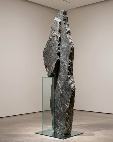 An artistic photograph of a mixed-media sculpture featuring traditional Welsh slate and sleek glass, set in a minimal Northern European / Welsh / British gallery with soft parchment off-white walls and clean lines.