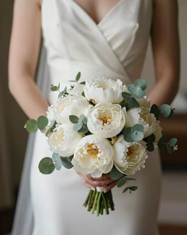 Detail shot of a bride's hands holding a bouquet of white peonies and eucalyptus, wearing a silk gown, soft focus background, elegant and warm lighting, professional wedding photography style.