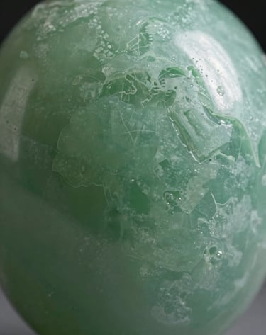 Detailed close-up of a Sage Green resin sculpture. The light passes through the translucent material, revealing intricate internal patterns. Sophisticated International / Global design aesthetic.