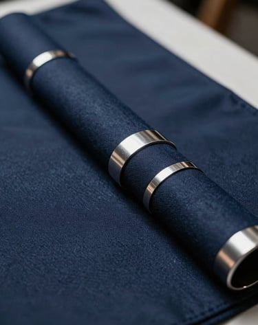 A close-up photography detail of high-fashion accessories and textured fabric, featuring metallic accents and deep navy blue materials. The shot is captured with a shallow depth of field in a North American / US creative workshop. The lighting is crisp, highlighting the contrast between the dark navy and light grey reflections.