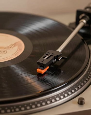 Macro photography of a vintage vinyl record spinning on a turntable, with the needle catching the light in a dimly lit room. Soft focus background. Palette colors: dark brown, charcoal, and tan. International / Western setting.