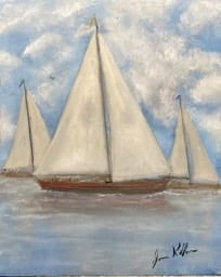 a painting of three sailboats in a regatta
