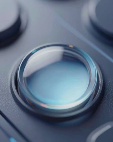 A macro close-up of a 3D glass button on a futuristic interface. The button has a subtle internal glow and reflects the brand palette of #E6EFF5 and #2D3A4B. Sharp edges and high-tech textures.