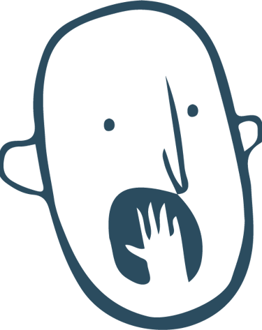 Ilustración minimalista en línea de un rostro azul con una mano emergiendo de una boca abierta.