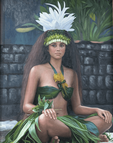 Traditional Polynesian dancer in a green leaf costume and white feather headdress sitting cross-legged.