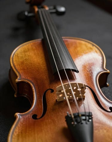 Macro photography of a violin's bridge and strings, showing the fine grain of the wood and the metallic sheen of the strings. Shallow depth of field with a blurred background of a concert stage. Muted stone brown and dark ebony tones. Professional Southern European / Spanish studio style.