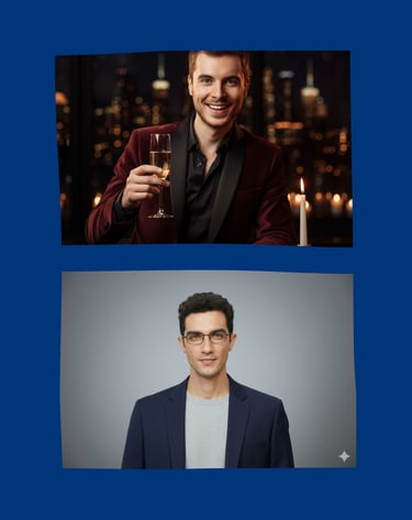 A smiling man holding a champagne flute at dinner and a man in a navy blazer wearing glasses.