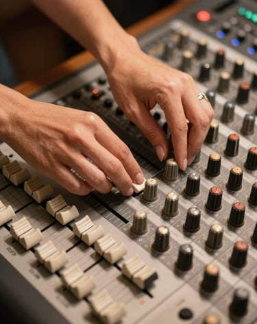 Top-down view of Elaine Siqueira's hands adjusting a high-end analog mixing console. The knobs are metallic, reflecting soft ivory light. The overall mood is focused and artistic, with sandy taupe accents on the equipment.