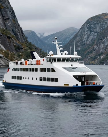A sleek, modern battery-operated ferry gliding through calm waters