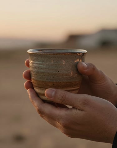 Close-up photography of hands holding a ceramic cup outdoors, bathed in the soft, warm light of a Spanish sunset. High detail on textures, cinematic shallow depth of field, palette of rich browns and sand.