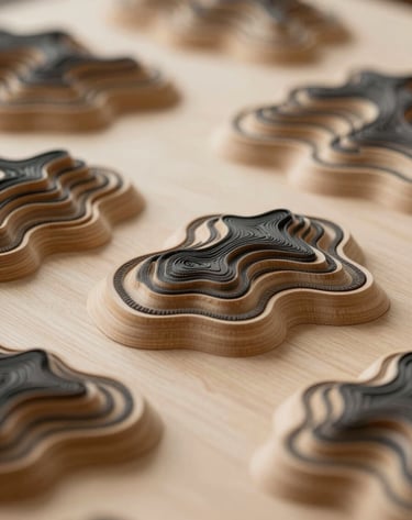 A close-up of a topographic model made of natural birch wood, showing complex landscape contours. Soft shadows, minimalist aesthetic, warm sand and charcoal tones.