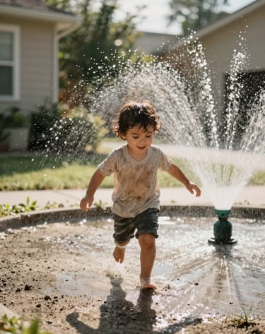 An authentic lifestyle shot of a young child running through a sprinkler in a North American / US suburban garden. The composition is dynamic and candid, with water droplets glistening in the sun-drenched air. Charcoal shadows provide depth against the bright soft sand sunlight.