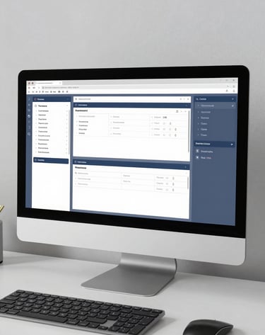 A clean, minimalist workspace in the US featuring a high-end desktop monitor that displays a series of professional UI design wireframes in a muted blue and white color palette.