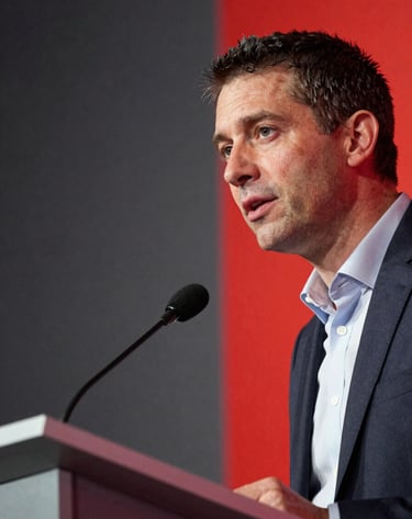 A close-up, sharp photograph of a speaker on a podium at a professional North American conference. The background is a minimalist dark gray, with a vibrant red accent light casting a sharp, artistic glow from the side. Professional lighting and modern style.