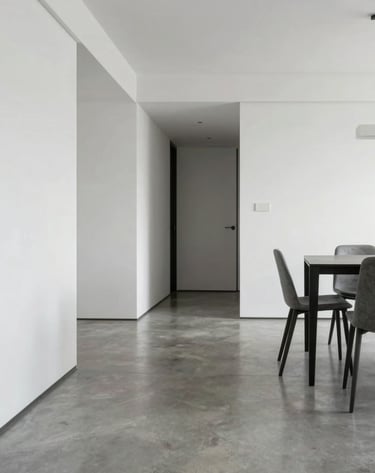 A wide shot of a modern apartment interior in Olinda. White walls, polished concrete floor in light silver gray, and a minimalist dining area. Minimalist aesthetic with a sense of calm and technical precision.